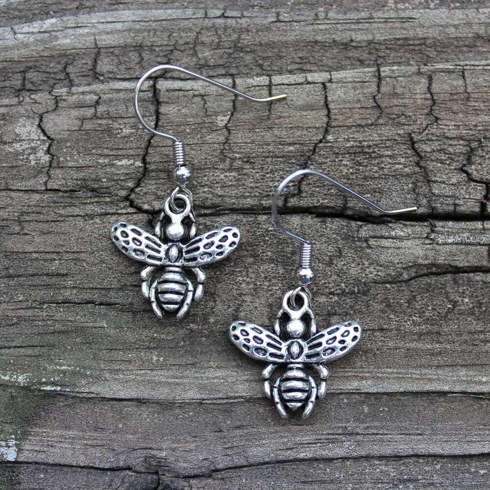 New Bee Earrings Bee Charm Earrings Bumble Bee Jewelry Silver Tone Small Earring